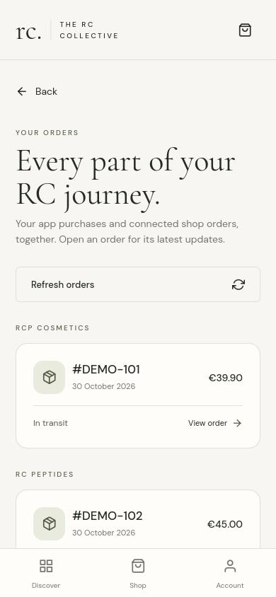 Example Cosmetics and Peptides orders with their delivery and payment statuses.