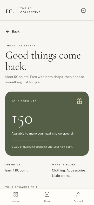 An example RCpoints wallet showing the balance and earning information.