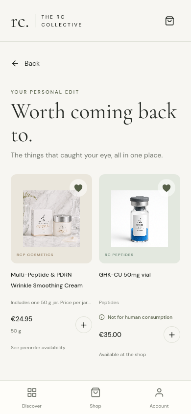 Saved products in the app, with filled hearts marking favourites.