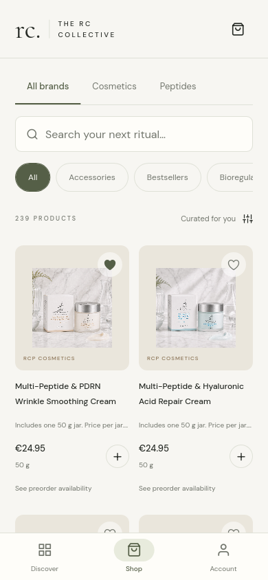 RC Collective shop screen with brand filters and product cards.