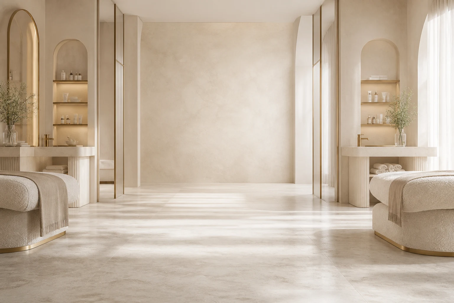 The warm, neutral interior used in the RCP Cosmetics brand presentation.